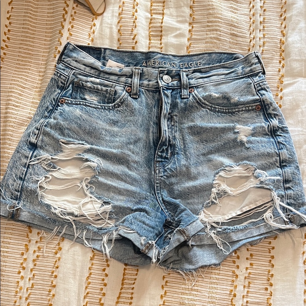 American Eagle Outfitters Faded Blue Distressed Denim Mom Shorts